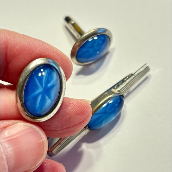 Vintage Anson silver & blue starburst men’s jewelry set cufflinks & tie bar clip - Picture 3 of 8